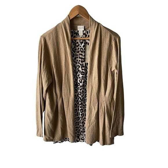 𝅺chico's 3 (XL) Brown Open Front Cardigan Leopard Peek-a-Boo Panel Back Sweater - Picture 1 of 8